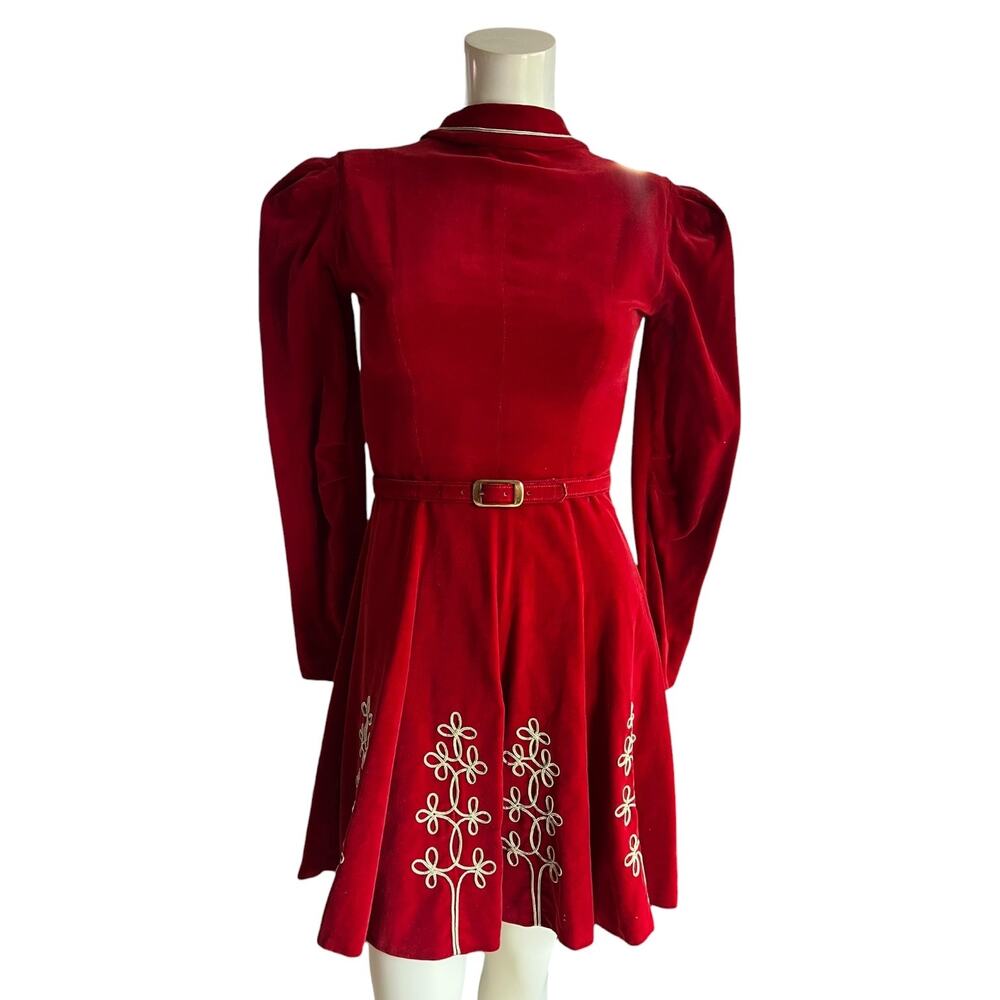 Vintage 1950s Red Velvet Gold Embroidery High Neck Dress Belt XS